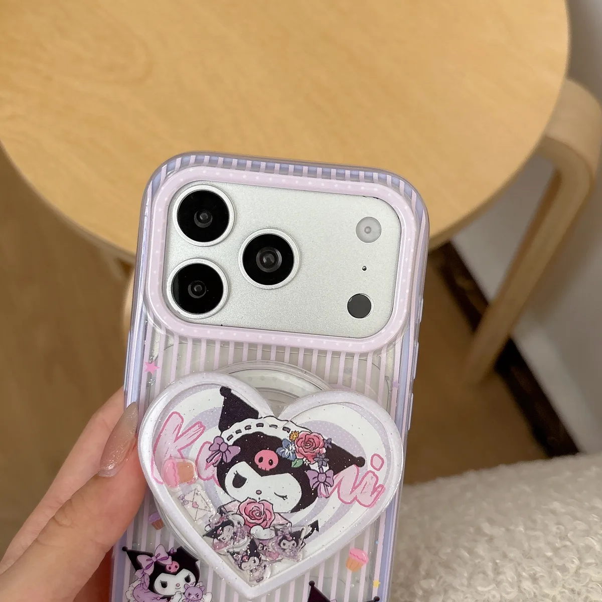 Kuromi Heart Pop Phone Case with Beaded Strap & Pop Socket for iPhone 17 16 15 14 13 Pro Max — MagSafe